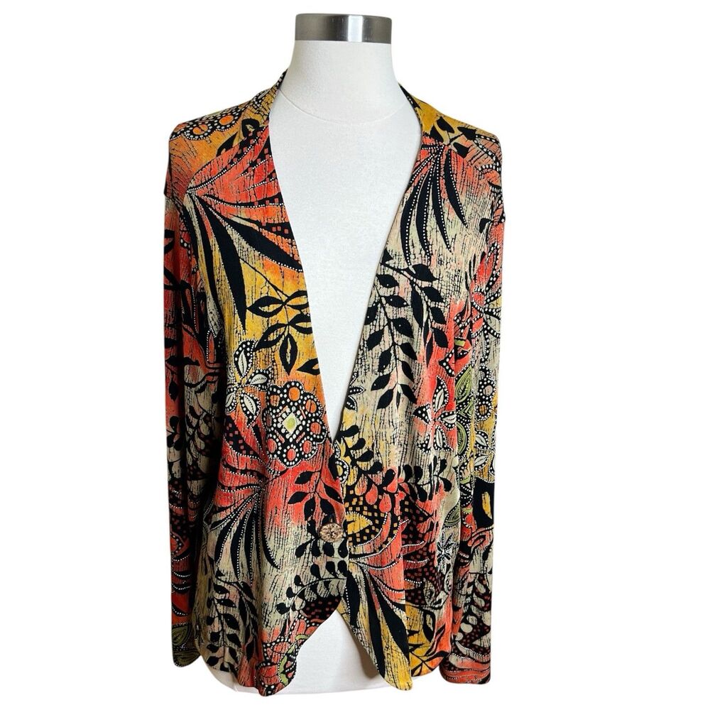 Half Moon Bay Cardigan Womenx 2X Multicolor Tropical Floral Print Slinky Art
